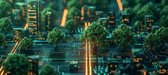 lighted electrical circuit board showing trees and cities - obrazy, fototapety, plakaty