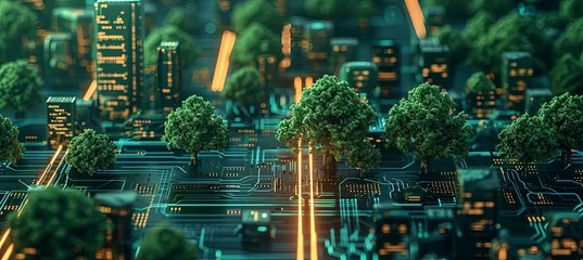 Poster lighted electrical circuit board showing trees and cities © wanna