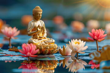 golden buddha sits on glowing lotus in nature background, many colorful flowers