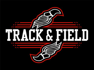 track and field design with winged foot for school, college or league sports