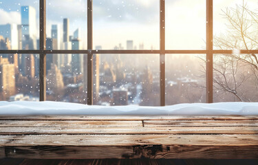 Wooden desk of free space and winter window background with city landscape