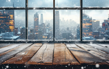 Wooden desk of free space and winter window background with city landscape