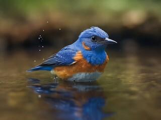  A serene scene of a blue bird perched on a tree branch near a beautiful river, focusing on the underwater fish shadow, representing nature's challenges and beauty.