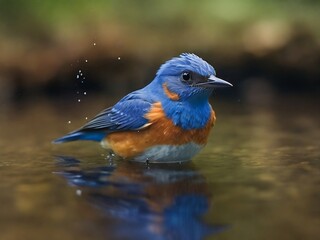Obraz premium A serene scene of a blue bird perched on a tree branch near a beautiful river, focusing on the underwater fish shadow, representing nature's challenges and beauty.