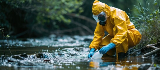A person in protective gear samples river water after chemical waste discharge. - obrazy, fototapety, plakaty