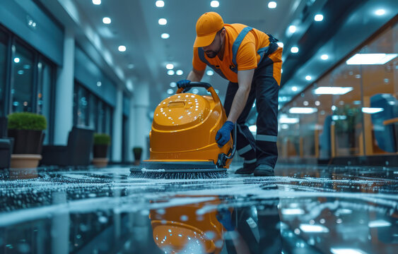 Worker washing office floor with cleaning machine.