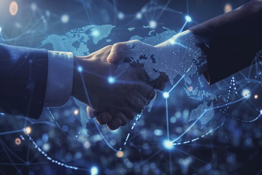 Businessmen shaking hands. Global network and a world map in the foreground. Blockchain concept
