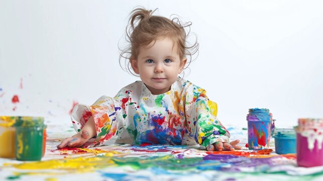 little child playing with paints