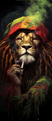 Bold and iconic, the image captures a Rasta lion exuding reggae vibes, confidently enjoying a...