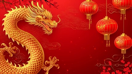 Chinese New Year Golden Dragon, Lanterns, Cherry Blossom Illustration Red Background