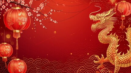 Fototapeta na wymiar Chinese New Year Golden Dragon, Lanterns, Cherry Blossom Illustration Red Background