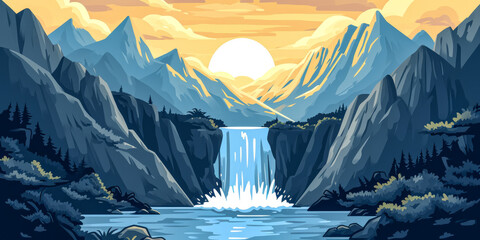 Waterfall illustration with golden moon and mountain landscape