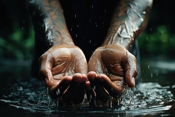 A man washing hand Blue clear water background Generative AI - obrazy, fototapety, plakaty