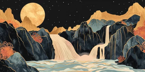 Fototapeten Waterfall illustration with golden moon and mountain landscape © JuanM
