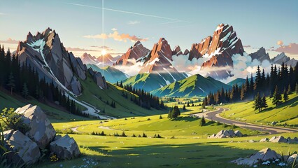 Beautiful mountain views with very wide and green grass. The sky is bright blue with the sun dazzling the eyes. Beautiful mountains wallpaper with anime style. Landscape view
 - obrazy, fototapety, plakaty