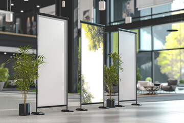 Mockup of three Vertical roll up banner at a trade fair - obrazy, fototapety, plakaty