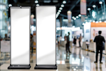 Mockup of two Vertical roll up banner at a trade fair - obrazy, fototapety, plakaty