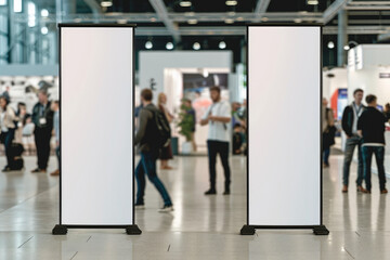 Mockup of two Vertical roll up banner at a trade fair - obrazy, fototapety, plakaty
