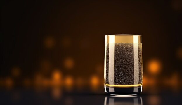 Glass of sparkling water on dark background with bokeh lights.
