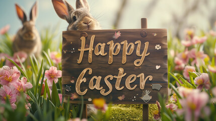 The text Happy Easter written on a rustic wooden sign