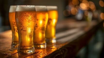 Row of Beer Glasses on Bar Counter Bokeh Lights
