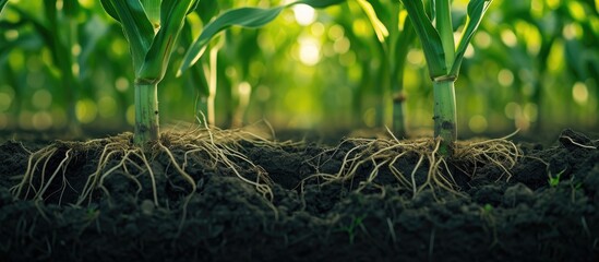 The detailed network of corn roots is a hidden masterpiece that supports the plant's growth in the soil, aided by Environment hud and Agriculture Technology. - obrazy, fototapety, plakaty
