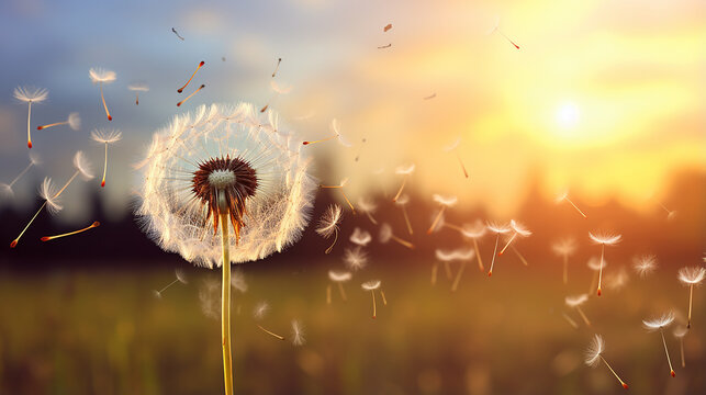 Fototapeta dandelion clock dispersing seed with sunrise