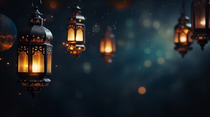 Ramadan Kareem background with arabic lanterns and blurrylights.
