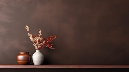 Interior wall mock up with flower vase dark brown wall