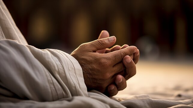 Close-up of hands of a Muslim man praying with blurry background.