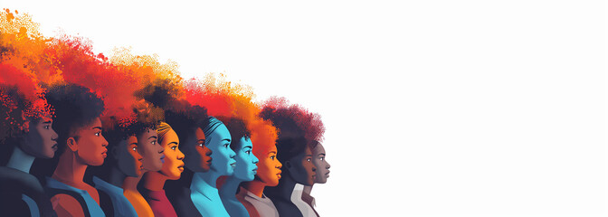 Abstract colorful illustration for Black History Month featuring a group of people profiles symbolizing diversity and racial equality. - obrazy, fototapety, plakaty