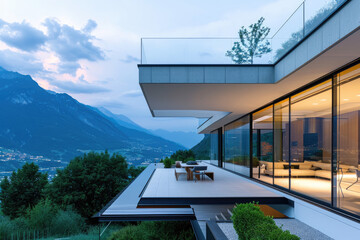 high view of a Modern exterior of a luxury villa in a minimal style. Glass house in the mountains. Magnificent mountain views from the veranda of a modern villa - obrazy, fototapety, plakaty