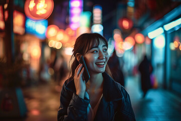 a beautiful young woman talking on the phone, smiling, and confidently walking down a vibrant street. - obrazy, fototapety, plakaty