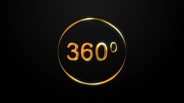 360 degree gold icon. 360 degree view icon, panorama on black background.4K Video motion graphic animation