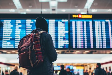 Young man with backpack looking at airport departure board