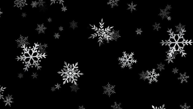 CGで作成した、ゆっくり回りながら空から降る雪の結晶のグラフィック素材（背景にアルファチャンネル付き）