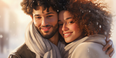 Portrait of a happy young beautiful couple, close up, smiling people. Valentine's day love - obrazy, fototapety, plakaty