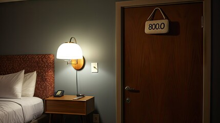 A hotel room door  on a sign hanging from the handle. The room is dimly lit and features a made bed with a nightstand and lamp in the background 