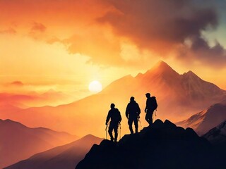 silhouette of a mountain climber, with a background of sunrise light. design for poster, web, flyer, social media. ai generative design