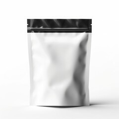 The mockup presents a stand-up blank bag in black and white, ideal for coffee, candy, nuts, spices, and self-seal zip lock foil or paper food pouch snack sachets.