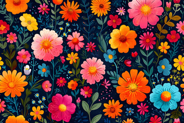 Fototapeta na wymiar Blooming Elegance: Harmonious and Colorful Flower Pattern with Bright and Vibrant Blossoms
