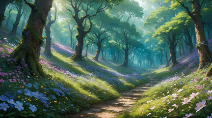 A beautiful view in the middle of a forest filled with colorful flowers. Shady trees, anime style
