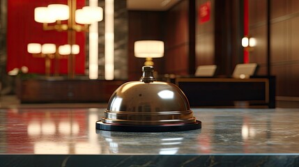Modern hotel front desk, service bell foreground, high quality, ultra detailed, 4k  