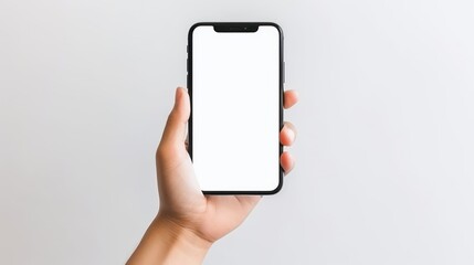 man hand holding smartphone with blank screen on white background, smart phone mockup