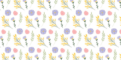 Seamless pattern with beautiful hand drawn wildflowers. Floral elements. Vector illustration in flat style.