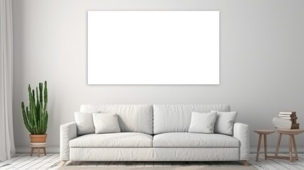 White sofa in modern living room with blank poster on wall, poster mockup