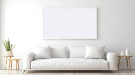 White sofa in modern living room with blank poster on wall, poster mockup