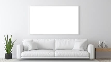 White sofa in modern living room with blank poster on wall, poster mockup