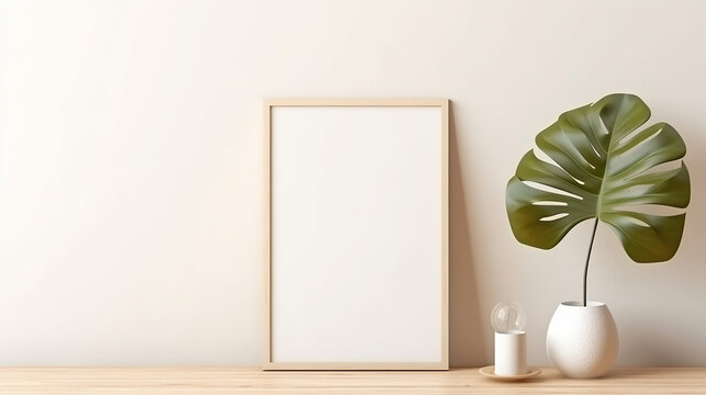 mock up white wood poster frame philodendron dried leaf in vase on beige table,