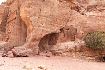 Stunning natural beauty of red rocks in Nabatean Kingdom of Petra in the Wadi Musa city in Jordan
